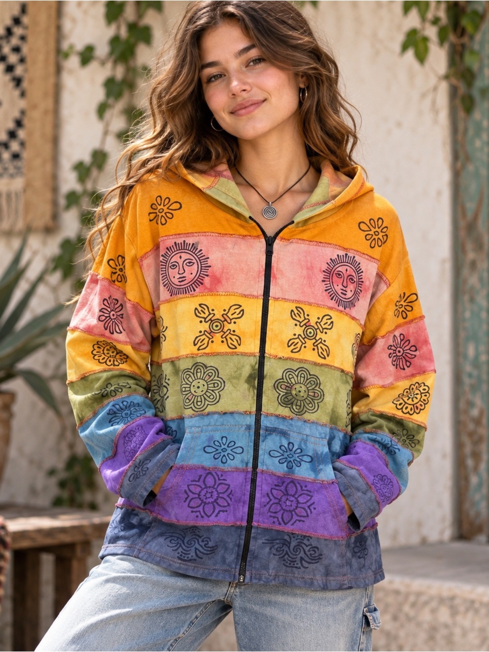 Rising International Nepal Patchwork Hoodie Cotton Boho Hippie Zip Jacket XL